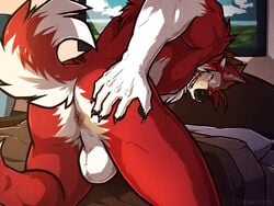 2018 5_fingers anthro anus ass balls bed bedding bedroom bedroom_eyes bent_over biceps blanket brown_claws brown_eyes brown_hair brown_nose canine claws detailed_background eyebrows fluffy fluffy_tail fur gausswolf hair half-closed_eyes hand_on_butt hi_res humanoid_hands inviting looking_at_viewer looking_back malamute male male_only mammal multicolored_fur multicolored_tail muscular muscular_male open_mouth pillow pink_anus pink_tongue presenting presenting_anus presenting_balls presenting_hindquarters raised_tail rear_view red_fur red_tail seductive solo sorakirbys spread_ass spread_legs spreading taint teeth testicles thick_thighs tongue white_balls white_fur white_tail wolf