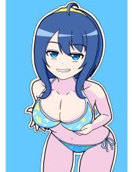 1girls alternate_hairstyle big_breasts bikini blue_bikini blue_eyes blue_hair breasts busty cleavage confident female female_only grabbing_own_breast grin half-closed_eyes highres large_breasts leaning_forward legs looking_at_viewer make_heroine_ga_oo_sugiru! medium_hair naughty_face navel ponytail pose posing side-tie_bikini_bottom smile solo swimsuit teasing teeth thighs voluptuous yanami_anna