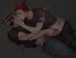 2boys absurdres black_male_underwear closed_eyes clothes_pull collarbone commentary green_hair haikyuu!! hand_on_another's_ass hand_on_another's_head highres kissing lying male_focus male_pubic_hair male_underwear masturbation multiple_boys netcrow98 on_back pants pants_pull penis precum pubic_hair red_hair shirt short_hair tendou_satori toned toned_male underwear ushijima_wakatoshi yaoi