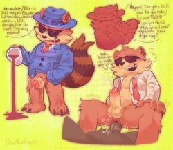 anal anal_sex anthro balls blush bodily_fluids clothed clothing darkafsun dialogue digital_media_(artwork) duo english_text eyewear fedora fur genital_fluids genitals hat headgear headwear leaking_precum male male/male male_penetrated mammal mo_(undertale_yellow) necktie partially_clothed penetration penile penis precum procyonid raccoon sex simple_background smile steam suit suit_jacket sunglasses tail text topwear undertale_(series) undertale_yellow