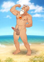 1boy abs balls beard blush dragon_ball erection facial_hair guerillasquirrel male male_only master_roshi muscles nipples old_man penis proud_of_his_cock silver_hair solo sunglasses testicles