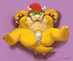 1boy 2018 3_toes anthro anus armlet arms_behind_head arms_up ass biceps big_butt bowser bulge claws clothed clothing collar curved_horns eyebrows full_body hair hands_behind_head hindpaw hybrid koopa lizard looking_at_viewer male male_only mario_(series) muscular nintendo open_mouth paws penis pose presenting purple_background red_eyes red_hair reptile scalie simple_background skimpy solo spiked_shell spread_legs spreading tail thong toes underwear video_games wiess