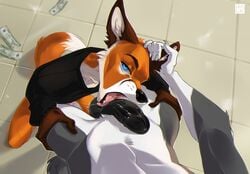 2017 anthro athletic balls black_clothing blue_eyes bottomless canine clothed clothing countershading digital_media_(artwork) dipstick_tail duo ear_grab ear_tuft erection facial_markings fellatio first_person_view fox fur grey_fur hale. hand_on_thigh hi_res humanoid_penis kneeling licking looking_at_viewer male mammal markings money multicolored_tail nude open_mouth oral orange_fur penis penis_lick saliva sex standing tile tongue tongue_out tuft white_fur yaoi