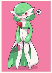 blush border breasts embarrassed female flat_chest full_body gardevoir green_hair half-closed_eyes highres lifted_by_self looking_away looking_to_the_side masturbation no_breasts no_humans open_mouth pigeon-toed pink_background pokemon pokemon_(species) pokemon_rse pussy pussy_juice red_eyes remote_control remote_control_vibrator shiny_skin short_hair simple_background solo speech_bubble standing subaru331 sweat thigh_strap trembling vaginal_object_insertion vaginal_penetration vibrator vibrator_cord white_border