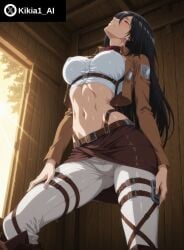 ai_generated arched_back attack_on_titan big_breasts black_hair from_below full_body head_back jacket kikia1 large_breasts long_hair mikasa_ackerman pants posing shirt skinny slender_waist standing straps