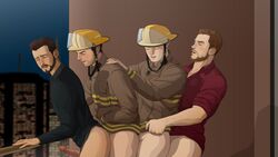 4boys anal_penetration anal_sex balcony black_hair bottomless brown_hair city closed_eyes coming_out_on_top doubleleaf erection facial_hair firefighter flash_game gay helmet male_only mantrain penis tagme