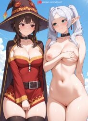2026 2girls ai_generated arm_behind_back bare_shoulders belt big_breasts black_thighhighs blue_sky blush breast_grab breasts breasts_together brown_belt brown_cape brown_hair brown_headwear cape cleavage closed_mouth clothed_female_nude_female clothes_pull collar collarbone completely_naked completely_nude covering covering_crotch covering_nipples covering_one_nipple crossover day deep_skin dress dress_pull earrings edosynf elf elf_ears embarrassed female female_only frieren frieren_beyond_journey's_end green_eyes hand_on_own_breast hat highres jewelry kono_subarashii_sekai_ni_shukufuku_wo! konosuba large_breasts legs_together light_smile long_hair long_sleeves long_twintails looking_at_another low_twintails medium_breasts medium_hair megumin multiple_girls naked naked_female nipples nude nude_female outdoor_nudity outdoors pointy_ears pussy red_dress red_eyes self_upload shiny shiny_hair shiny_skin short_eyebrows side-by-side sidelocks silver_hair sky smile sousou_no_frieren standing strapless_dress sunlight take_your_pick thick_eyebrows thighhighs thighs twintails uncensored vagina white_hair wide_sleeves witch witch_hat yuri zettai_ryouiki