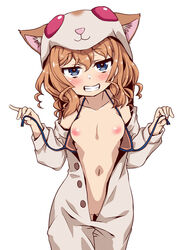amakawa_ginga animal_costume bare_chest bare_shoulders blue_eyes bra breasts commentary eyebrows_visible_through_hair female grin hamster_costume high_school_fleet highres light_brown_hair looking_at_viewer navel nipples no_panties open_bra pussy red_hair seductive_smile simple_background small_breasts smile smug solo underwear undressing white_background yanagiwara_maron