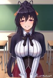 ai_generated akeno_himejima antenna_hair artist_name bangs black_capelet black_hair blush bow breasts button_gap capelet chair chalkboard classroom collared_shirt corset desk female grin hair_between_eyes hair_ribbon half-closed_eyes high_ponytail high_school_dxd himejima_akeno indoors juliatitusart large_breasts long_hair long_sleeves looking_at_viewer neck_ribbon orange_ribbon parted_lips pleated_skirt ponytail purple_eyes red_skirt ribbon school_chair school_desk school_uniform shirt sidelocks sitting skirt smile solo striped teeth underbust very_long_hair white_shirt