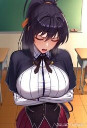 ai_generated akeno_himejima arms_under_breasts artist_name bangs black_capelet black_hair black_ribbon blush breasts capelet chair chalkboard classroom closed_eyes collared_shirt crossed_arms desk female hair_between_eyes hair_intakes hair_ribbon high_ponytail high_school_dxd himejima_akeno indoors juliatitusart large_breasts long_hair long_sleeves neck_ribbon open_mouth orange_ribbon pleated_skirt ponytail red_skirt ribbon school_desk school_uniform shirt sidelocks skirt solo sweat teeth white_shirt wooden_floor