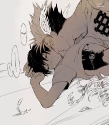 1boy 1boy1girl 1girls alien alien/human black_hair blush blushing_female feathers female femsub gloved_hands groping_breasts humanoid kimyok kissing kissing_neck loving_embrace loving_sex male_on_top meryl_stryfe romantic romantic_sex scars scars_all_over trigun trigun_maximum vash_the_stampede white_feathers wholesome wholesome_sex