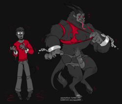 2017 4_fingers anthro balls big_balls big_penis black_background bulge chains clothed clothing demon fur hair handcuffs hhazard hooves horn human human_to_anthro long_tongue male male_only mammal monster muscular muscular_male open_mouth pants penis red_sclera restricted_palette sequence shackles shirt signature simple_background smile surprise tail tongue torn_clothing transformation url