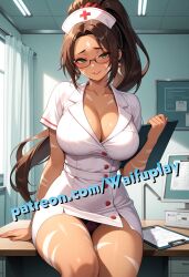 1girls ai_generated brown_body brown_hair brown_skin brunette_female brunette_hair curvy female female_only green_eyes holding_clipboard horny horny_female league_of_legends looking_at_viewer nidalee nurse nurse_cap nurse_clothing nurse_hat nurse_uniform panties ponytail seductive seductive_eyes seductive_look seductive_pose seductive_smile sitting_on_table waifuplay
