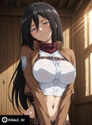 ai_generated attack_on_titan big_breasts black_hair breasts_squeezed_together hands_between_legs jacket kikia1 large_breasts long_hair looking_at_viewer mikasa_ackerman pants shirt skinny slender_waist smile smirk upper_body
