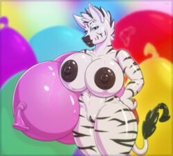 anthro areola balloon big_breasts black_nipples blue_eyes breasts clitoris equine erect_nipples female fur furry furry_only inflatable looking_at_viewer mammal nipples nude pussy sarah_(transgenic) sex solo stripes toy tridark zebra