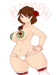 1girls bikini_bottom breasts brown_hair female female_only green_eyes huge_breasts nicole_(tamyra) pasties solo tagme tamyra thick_thighs thighhighs thighs