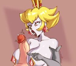 1boy 1girls 2023 2d big_breasts bimbo_lips blonde_hair breasts color crown earrings elbow_gloves erection eyeshadow grey_body grey_skin jewel_pasties large_breasts looking_at_penis mario_(series) pale-skinned_female pale_skin paper_mario paper_mario:_the_thousand-year_door paper_peach partial_male pasties penis_poke poking_penis precum princess princess_peach princesskari shadow_peach shadow_queen