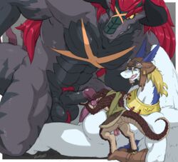 animal_genitalia animal_penis anthro anus ass balls batzz_(buddyfight) black_scales blonde_hair blue_eyes bottomless brown_scales clothed clothing diphallia diphallism dragon erection feathers future_card_buddyfight genital_slit group hair hat hemipenes horn humanoid_penis larger_male legendz male multi_penis muscular muscular_male nude on_top oral partially_clothed penis pink_penis presenting presenting_hindquarters pubes red_eyes red_hair reptile scales scalie shiron sitting size_difference slit smaller_male standing yaoi zerofox1000