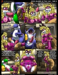 2018 anthro areola balls blue_yoshi breasts canine comic condom_crusader cum cum_in_mouth cum_inside cumshot ejaculation english_text female firecat fox green_yoshi group group_sex kitsune_youkai male mammal mario_(series) nintendo nipples oral orgasm page_12 penis pussy rubber_lass sex speech_bubble straight text threesome vaginal_penetration video_games yoshi