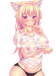 animal_ears black_panties blonde_hair blush breast_rest breasts cat_ears closed_mouth collarbone covered_nipples eyebrows_visible_through_hair female groin hair_between_eyes highres large_breasts looking_at_viewer nipples original panties red_eyes see-through shirt simple_background slit_pupils solo tiffy tiffynyaa underwear wet wet_clothes wet_hair white_background white_shirt