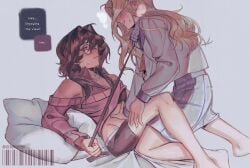 2girls blonde_female blonde_hair blush blush_lines blushing brown_hair danganronpa_another deadfinches english_text fanganronpa female female/female female_only glasses leash leash_and_collar leash_pull magorobi_emma mitsume_kokoro nerdy_female only_female sdra2 shirt_lift super_danganronpa_another_2 sweat sweatdrop sweating yellow_eyes yuri