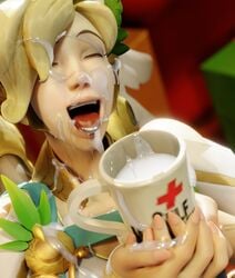 3d alternate_costume bukkake clothing coffee_mug cum cum_covered cum_filled cum_in_container cum_in_mouth cum_on_face cumshot excessive_cum female human kreisake mercy mug overwatch winged_victory_mercy