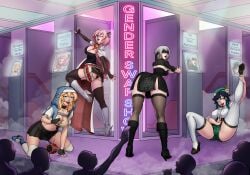 4girls astolfo_(fate) big_breasts blindfold breasts bridget clothing english_text fate_(series) female female_only genderswap_(mtf) genshin_impact guilty_gear light-skinned_female light_skin long_hair nier nier:_automata pink_hair rule_63 short_hair sketchlanza text thighhighs venti_(genshin_impact) white_hair yorha_9s