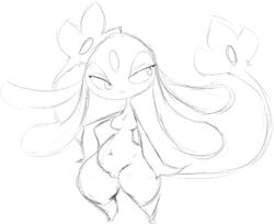 black_and_white breasts featureless_breasts female frown full-length_portrait hand_on_hip legendary_pokémon looking_away mesprit monochrome nintendo nude nyquil pokémon_(species) pokemon portrait pussy simple_background sketch solo standing thick_thighs video_games white_background