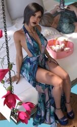 3d 3d_(artwork) ada_wong akanesarts asian asian_female bangs bare_back bare_legs bare_shoulders barefoot black_hair black_lipstick capcom cleavage cleavage_cutout couple couple_(romantic) elegant elegant_dress feet high_heels hourglass_figure hourglass_figured_female leon_scott_kennedy lipstick long_dress looking_at_viewer mature_female medium_breasts nail_polish nails_painted necklace resident_evil resident_evil_2 resident_evil_2_remake resident_evil_4 resident_evil_4_remake sfw sitting_on_bed slim_waist tagme thick_thighs wide_hips