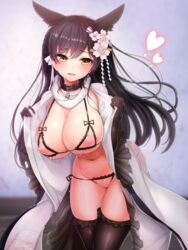 animal_ears atago_(azur_lane) azur_lane black_gloves black_hair black_legwear blush bra breasts collar crotchless_panties cupless_bra dog_collar doyouwantto female flower frilled_legwear gloves hair_flower hair_ornament heart highres large_breasts long_hair mole mole_under_eye navel nipples open_clothes open_mouth panties simple_background smile solo thighhighs underwear yellow_eyes