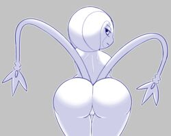 2018 anthro ass digital_media_(artwork) female freepancakes hi_res legendary_pokémon looking_at_viewer looking_back monochrome multi_tail nintendo nude pokémon_(species) pokemon presenting presenting_hindquarters pussy simple_background smile solo uxie video_games