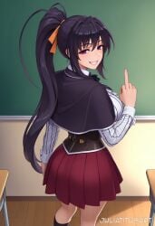 ai_generated akeno_himejima artist_name ass bangs black_capelet black_hair black_socks blush bow breasts capelet chalkboard classroom corset desk female from_behind grin hair_between_eyes hair_ribbon hand_up high_ponytail high_school_dxd himejima_akeno indoors juliatitusart kneehighs large_breasts long_hair long_sleeves looking_at_viewer looking_back middle_finger patreon_username pleated_skirt ponytail purple_eyes red_skirt ribbon school_desk school_uniform shirt sidelocks skirt smile socks solo standing striped teeth very_long_hair watermark web_address white_shirt wooden_floor