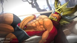 1boy 2016 abs armor big_penis boxers_(clothing) bridge cape clothing dragon dripping drum_(buddyfight) drum_bunker_dragon embarrassed fangs future_card_buddyfight half-closed_eyes helmet looking_at_viewer male male_only masturbation muscular muscular_male pecs penile_masturbation penis poking_out precum public sky small_balls sofa solo testicles text thick_penis thick_thighs todex tree underwear veins veiny_penis watermark