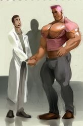 2boys absolutbleu bara biceps clothed doctor gay human lab_coat looking_at_partner male male_nipples male_only multiple_boys multiple_males muscle muscular muscular_male open_mouth pecs penis_bulge pink_hair rycel_matheus shaking_hands size_difference smile yaoi