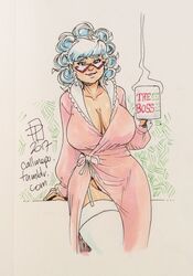 1girls 2017 callmepo christmas cleavage coffee coffee_mug female female_only garter_strap gilf glasses grey_hair huge_breasts mature mature_female mrs._claus robe solo stockings