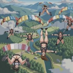 ai_generated ass black_gloves black_panties black_shoes bottomless brown_hair clouds dark_hair elbow_gloves falling feet_up female_focus female_only freefall from_behind front_view functionally_nude functionally_nude_female harness having_fun hills in_the_air jumping long_gloves long_hair multiple_girls naked_footwear no_panties outdoor_nudity panties parachute parachuting public public_nudity river shoes short_hair sky skydive skydiving trees upside-down various_poses various_views