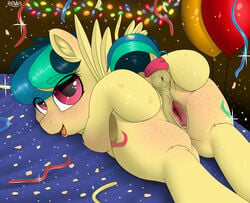 1girls 2018 absurd_res anatomically_correct anatomically_correct_pussy anus apogee ass balloon birthday blue_hair cutie_mark dock equine fan_character feathered_wings feathers female female_focus female_only freckles friendship_is_magic from_behind fur green_hair hair hasbro hi_res looking_at_viewer looking_back mammal multicolored_hair my_little_pony open_mouth original original_character pegasus puffy_anus pussy raised_tail red_eyes redvais smile solo spread_pussy spreading wings