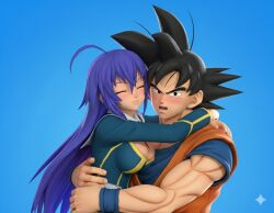 1boy 1girls artist_request blush breasts closed_eyes crossover dragon_ball female goku hug kurokami_medaka male medaka_box muscular muscular_male shonen_jump son_goku source_request
