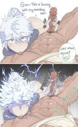 1boy 1girls 2_panel_comic bottomless cum darkbiom electric_shock electricity electricity_manipulation electricity_play electrostimulation english_text female_handjob female_on_top femdom forced_ejaculation forced_orgasm gon_freecss half_naked handjob hunter_x_hunter killua_zoldyck licking_nipples rule_63 self_upload shock shocked shocking silver_hair sparks unseen_male_face
