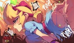 ahe_gao all_fours bibi_(brawl_stars) blonde_hair blue_dress bo_peep_bibi_(brawl_stars) brawl_stars dominant_male dominated field_background grabbing_ass naked_male polchito red_bow red_ribbon sticking_out_tongue text torn_clothes