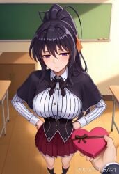 1boy ai_generated akeno_himejima artist_name bangs black_hair box breasts capelet chalkboard chocolate classroom closed_mouth corset desk female gift gift_box hair_between_eyes hair_ribbon hands_on_hips heart-shaped_box high_ponytail high_school_dxd himejima_akeno holding indoors juliatitusart kneehighs large_breasts long_hair long_sleeves looking_at_viewer pleated_skirt ponytail pov purple_eyes red_skirt ribbon school_desk school_uniform shirt skirt socks solo_focus standing valentine very_long_hair watermark white_shirt