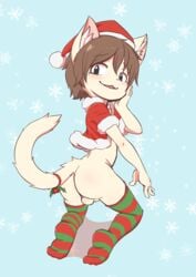 1boy ass backsack balls blush brown_hair christmas feline girly hair hat holidays looking_back male mammal nobusuke santa_hat solo