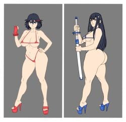 2girls ass big_ass big_breasts bikini black_hair breasts female kill_la_kill kiryuuin_satsuki long_hair matoi_ryuuko platform_heels short_hair skimpy whargleblargle