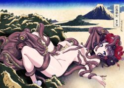 animal arched_back blue_eyes breasts date_naoto fate/grand_order fate_(series) fine_art_parody headdress katsushika_hokusai katsushika_hokusai_(fate) missionary_position navel nude on_back parody purple_hair restrained short_hair tentacle tentacle_sex the_dream_of_the_fisherman's_wife translation_request