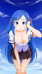 big_breasts blue_eyes blue_hair booty_calls female female_only lara_(booty_calls) school_uniform schoolgirl solo very_long_hair