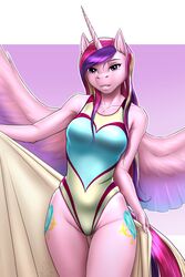 1girls 2019 alicorn anthro clothes cutie_mark equine female friendship_is_magic furry horn horse long_hair multicolored_hair my_little_pony mykegreywolf one-piece_swimsuit pony princess_cadance_(mlp) purple_eyes smiling smiling_at_viewer solo swimsuit tail towel wet_hair wings