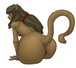 2018 anthro anus ass big_butt breasts brown_fur des_(artist) ecaflip feline female fur looking_at_viewer looking_back mammal miranda_(wakfu) presenting presenting_hindquarters raised_tail simple_background solo wakfu white_background