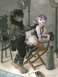 2boys anal anal_sex anthro balls black_fur black_mane bow_tie camera canine clothing cum cum_in_ass cum_inside darkleo18 feline fur gay grey_fur hair lion male male_only mammal partial_nudity penetration penis purple_fur purple_hair sicklyhypnos tongue tongue_out white_fur yaoi