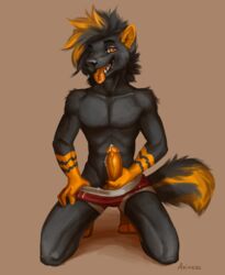 2018 akineza anthro black_hair black_lips black_nose canine clothed clothing digital_media_(artwork) hair long_mouth looking_at_viewer male male_only mammal orange_eyes orange_penis penis smile solo teeth tongue topless