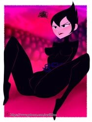 annoyed ashi_(samurai_jack) black_hair blush bodysuit breasts chained_up chains daughters_of_aku embarrassed female looking_at_another medium_breasts samurai_jack scaitblue short_hair solo spread_legs